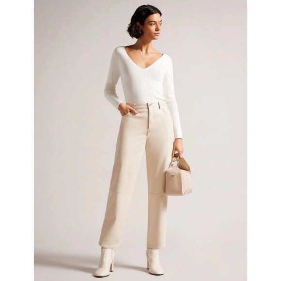 Ted Baker Cileste Fitted V Neck Knit Top Ling Sleeve Sz 8 Ivory - Picture 3 of 8